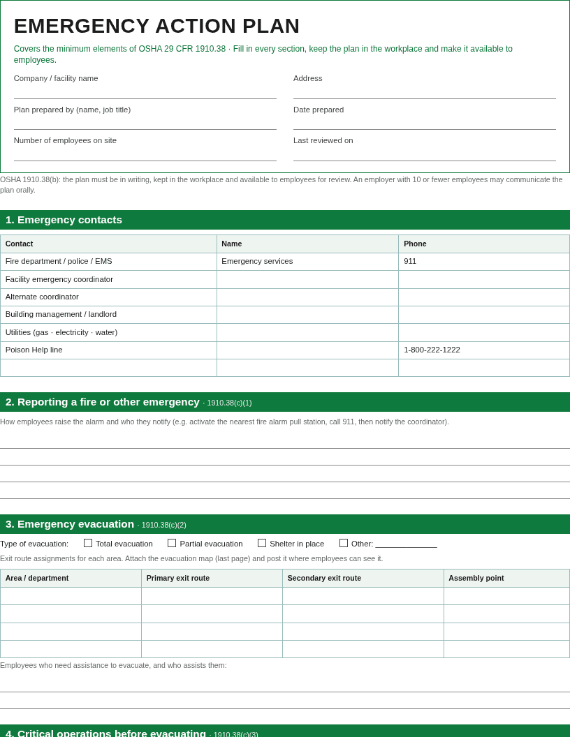 First page of the free emergency action plan template: cover, emergency contacts, reporting and evacuation sections